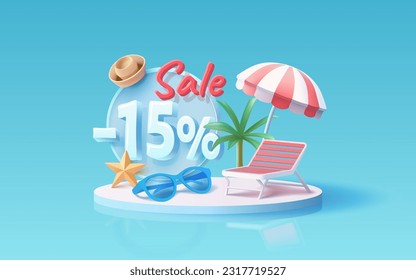 Summer time banner sale -15 Percentage, beach umbrella with lounger for relaxation, sunglasses, seaside vacation scene. Vector illustration