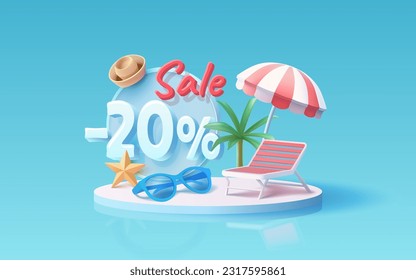 Summer time banner sale 20 Percentage, beach umbrella with lounger for relaxation, sunglasses, seaside vacation scene. Vector illustration