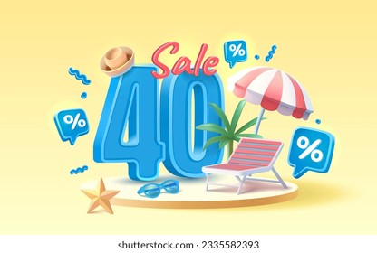 Summer time banner sale 40 Percentage, beach umbrella with lounger for relaxation, sunglasses, seaside vacation scene. Vector illustration