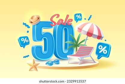 Summer time banner sale 50 Percentage, beach umbrella with lounger for relaxation, sunglasses, seaside vacation scene. Vector illustration