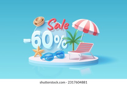 Summer time banner sale 60 Percentage, beach umbrella with lounger for relaxation, sunglasses, seaside vacation scene. Vector illustration