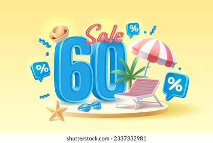 Summer time banner sale 60 Percentage, beach umbrella with lounger for relaxation, sunglasses, seaside vacation scene. Vector illustration