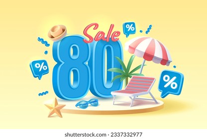 Summer time banner sale 80 Percentage, beach umbrella with lounger for relaxation, sunglasses, seaside vacation scene. Vector illustration