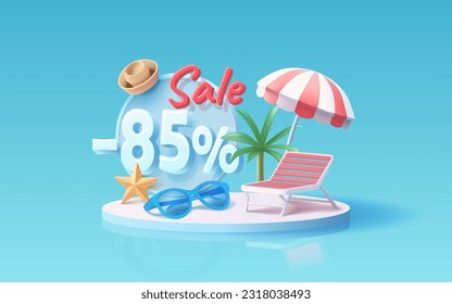Summer time banner sale -85 Percentage, beach umbrella with lounger for relaxation, sunglasses, seaside vacation scene. Vector illustration