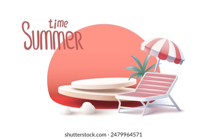 Summer time banner sale, beach umbrella with lounger for relaxation, seaside vacation scene. Vector illustration