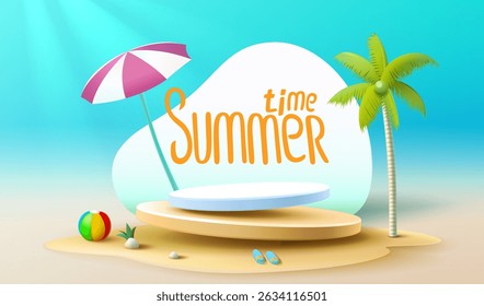 Summer time banner sale, beach umbrella with lounger for relaxation, sunglasses, seaside vacation scene. Vector illustration