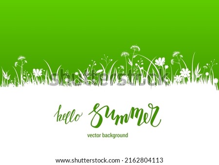 Summer time banner. Summer or spring landscape for design banner, ticket, leaflet, card, poster and so on. Green grass and flowers scenery silhouette