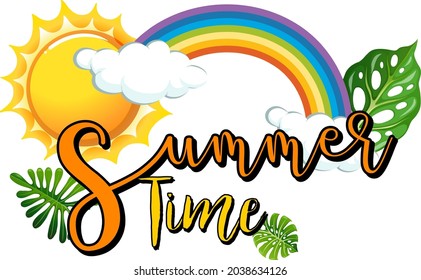 Summer Time banner with sun and rainbow in cartoon style isolated illustration