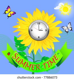 Summer time. Banner and sunflower with clock. Vector.