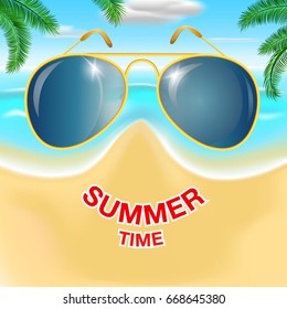 Summer Time Banner with sunglasess, sea,palm tree and beach vector illustration