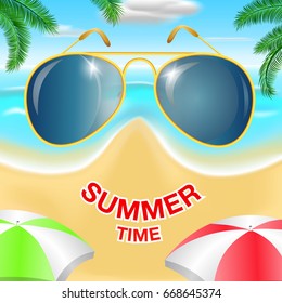 Summer Time Banner with sunglasses, sea,palm tree and beach vector illustration