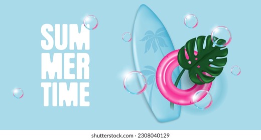 Summer Time Banner mit Surfbrett, aufblasbarem Ring, Monstera Leaf und Seifenblasen. Vektorgrafik im 3D-Stil