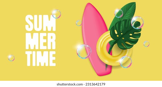 Summer Time banner with surfboard, inflatable ring, Tropical Leaves, and soap bubbles. Vector illustration in 3D style