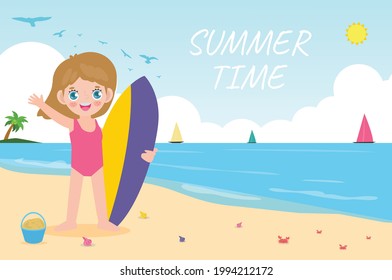 summer time banner template and cute surfer children character with surfboard on beach. Happy young surfer on the crest wave, flat vector illustration isolated on background