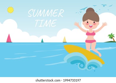 Summer Time Banner Template, Cute Surfer People Character With Surfboard And Riding On Ocean Wave. Happy Young Surfer Guy On The Crest Wave, Flat Vector Illustration Isolated On Background