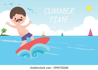 Summer Time Banner Template, Cute Surfer People Character With Surfboard And Riding On Ocean Wave. Happy Young Surfer Guy On The Crest Wave, Flat Vector Illustration Isolated On Background