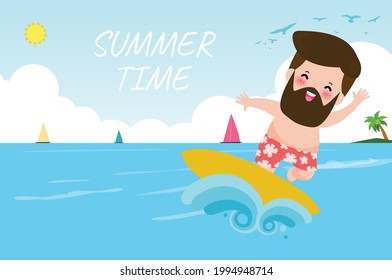 Summer Time Banner Template, Cute Surfer People Character With Surfboard And Riding On Ocean Wave. Happy Young Surfer Guy On The Crest Wave, Flat Vector Illustration Isolated On Background