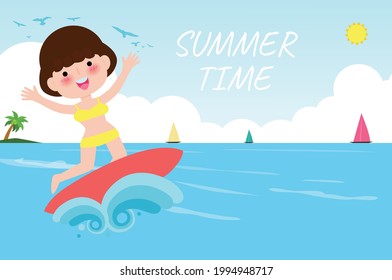 Summer Time Banner Template, Cute Surfer People Character With Surfboard And Riding On Ocean Wave. Happy Young Surfer Guy On The Crest Wave, Flat Vector Illustration Isolated On Background