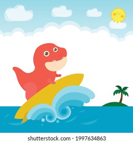 summer time banner template and cute surfer Dinosaur character with surfboard on the sea, dino surfer on the crest wave, poster party flat vector illustration isolated on background