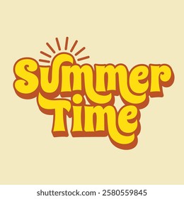 Summer time banner template with hand drawn lettering and sun rays vector illustration. Summer logotype, sticker, label, tag. Summer holidays poster.