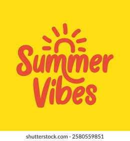 Summer time banner template with hand drawn lettering and sun rays vector illustration. Summer logotype, sticker, label, tag. Summer holidays poster.