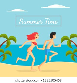 Summer Time Banner Template, Happy Young Couple Running on Tropical Beach Vector Illustration