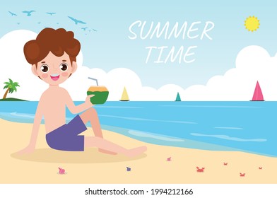 Sommerzeit-Banner-Vorlage, Mann, der Kokosnuss isst am Strand, Sommerzeit, Relaxen der Kinder am Meer, Lounge-Zeit am Meer, Ferien-Cartoon auf Hintergrund, Vektorgrafik