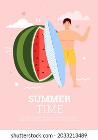 Summer time banner template with man surfer in front of huge watermelon, flat vector illustration. Summer poster or card design, party invitation mockup.