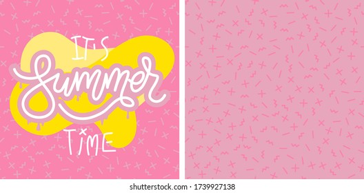 Es la plantilla de banner de verano en el estilo y patrón de doodle memphis. Ilustración vectorial dibujada a mano con frase de letras para banners de sitios web y móviles, afiches, anuncios, material promocional.