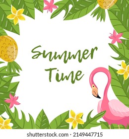 Plantilla de banderín de verano con flamingo rosa y hojas tropicales verdes ilustraciones vectoriales