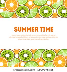 Summer Time Banner Template with Tropical Fruits and Space for Text Vector Illustration