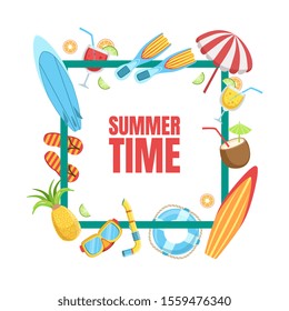 Summer Time Banner Template with Tropical Beach Elements, Exotic Summer Holidays Season Vector Illustration