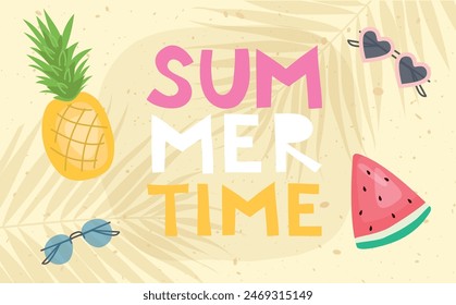 Anuncio de verano. Ilustración vectorial de moda con frutas tropicales y gafas de sol en un fondo de playa para cartel, tarjeta, Anuncio, invitación. Frontera soleada