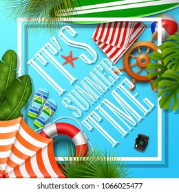 It's summer time banner and tropical leaves with frame on blue background
