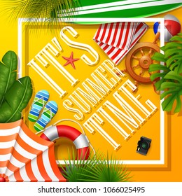 It's summer time banner and tropical leaves with frame on orange background
