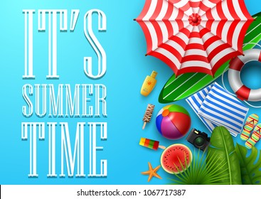 It's summer time banner with tropical leaves, camera, umbrella, surfboard, and lifebuoy on blue background