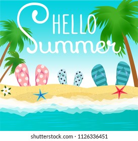 summer time banner with tropical leaves, flip flops and  palmas on blue background