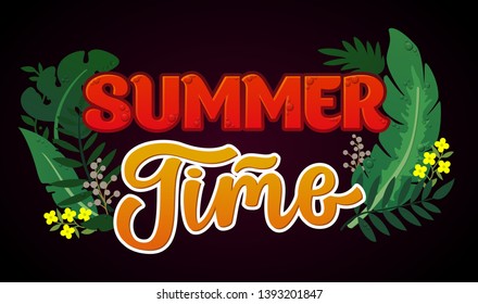 Summer Time Banner. Vector Isolated graphic Design Illustration. Elements. Handwritten lettering sign, beautiful script surrounded by jungle leaves, banana, palm, fern, flowers and water drops. Fresh.