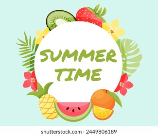 Summer time banner with white circle for text and colorful fruits. Vector illustration.
