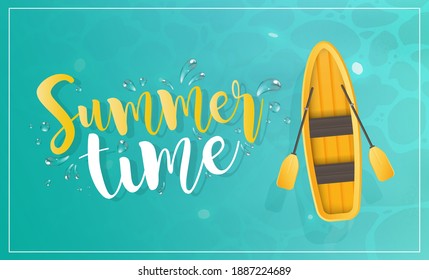 Summer time banner. Yellow boat with oars. Turquoise water surface in the ocean. View from above. Vector.