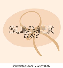 Faixas de Verão, cartões de felicitações, cartazes de venda, capas de férias. Design moderno com tipografia, chapéu pintado à mão em cores pastel. Arte moderna estilo minimalista.