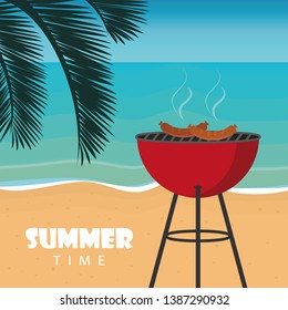 summer time barbeque on the beach with palm leaf vector illustration EPS10