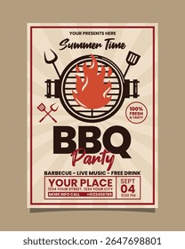 Summer Time BBQ Party portrait vertical flyer, bbq invitation poster vector template