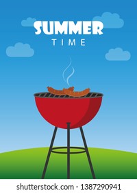 summer time bbq red kettle barbecue with sausages vector illustration EPS10