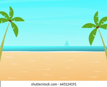 Summer time. Beach background with palm trees. Vector illustration in a flat style