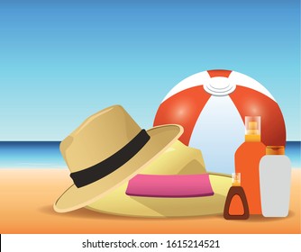summer time in beach ball hats sunblocks bottles sand vacations vector illustration