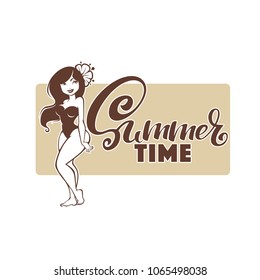 Summer Time, Beach Banner In Retro Stile With Image Of Retro Pinup Girl In Swimsuit And Lettering Composition