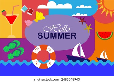 Summer time in beach banner. Wallpaper hello summer. Banner promotion. Colorful banner hello summer