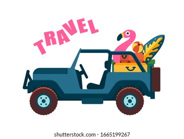 Summer time and beach car with few suitcase. Vacation and travel, a huge pile of things for the holiday. Flat cartoon style illustration landscape, concept isolated on white background. Vector