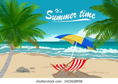 summer time at beach with chair and umbrella